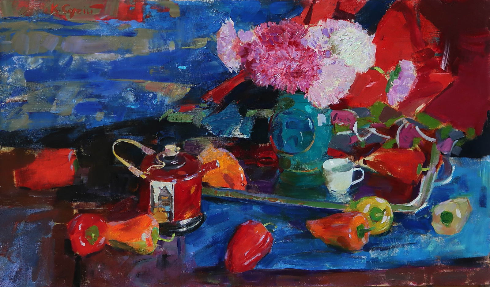 Oil painting Peppers Serg Kovalenko: Title: Oil painting Peppers Serg Kovalenko Description: 38SK Painter: Serg Kovalenko Size: 85x50 cm/33.5x19.7 inches Components: oil, canvas Original painting CONDITION: excellent ERA: modern Graduate