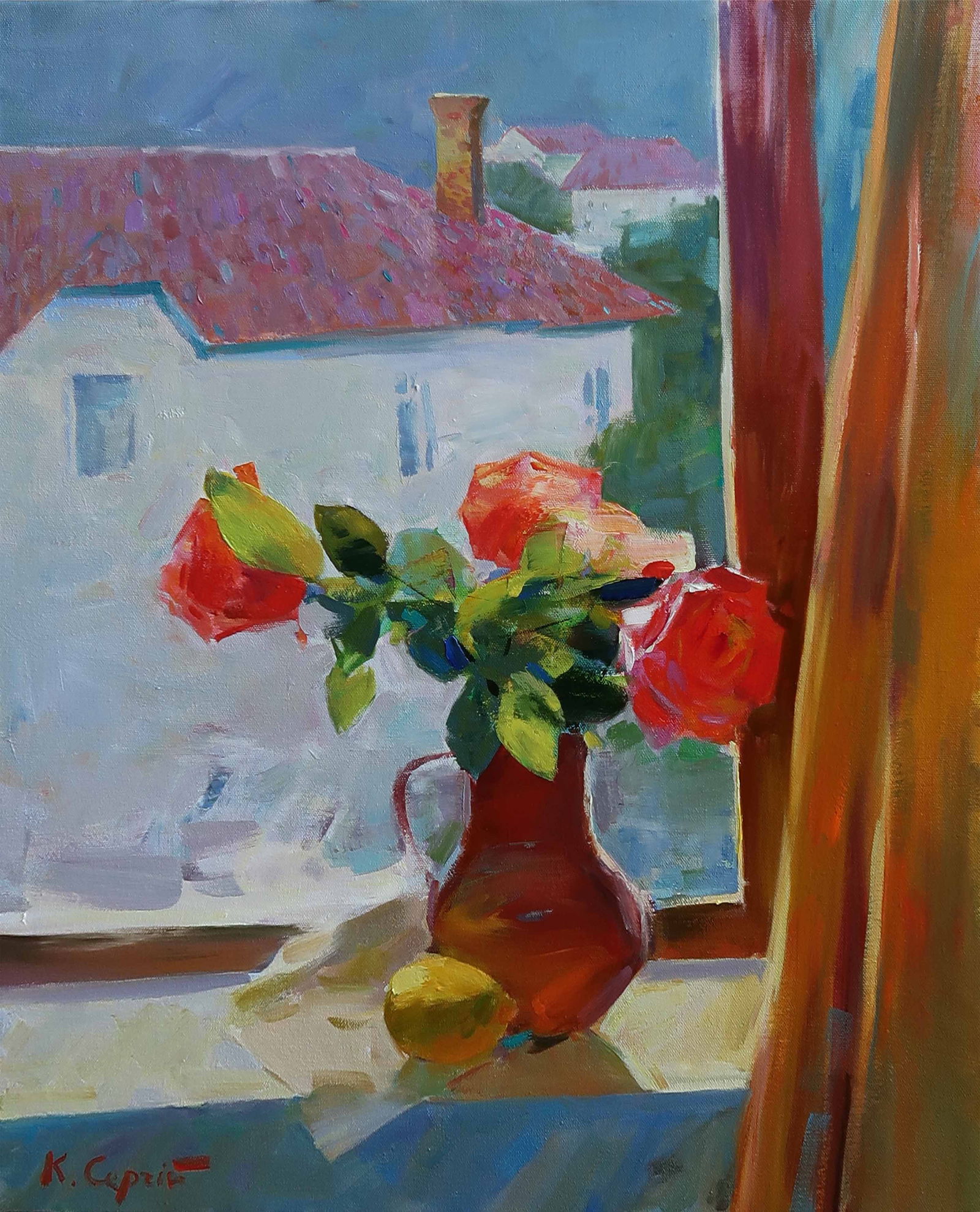 Oil painting Roses on the window Serg Kovalenko: Title: Oil painting Roses on the window Serg Kovalenko Description: 53SK Painter: Serg Kovalenko Size: 50x60 cm/19.7x23.6 inches Components: oil, canvas Original painting CONDITION: excellent ERA: mod