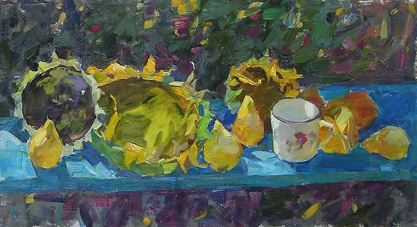 Oil painting sunflowers Serg Kovalenko: Title: Oil painting sunflowers Serg Kovalenko Description: 95SK Painter: Serg Kovalenko Size: 36x68 cm/14.2x26.8 inches Components: oil, canvas Original painting CONDITION: excellent ERA: modern Gradu