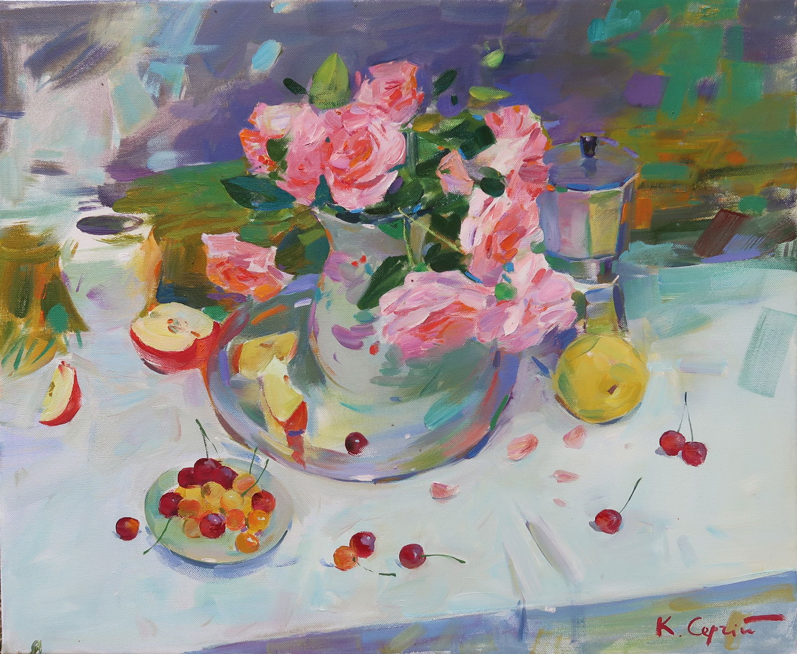 Oil painting ripe cherries Serg Kovalenko: Title: Oil painting ripe cherries Serg Kovalenko Description: 101SK Painter: Serg Kovalenko Size: 50x60 cm/19.7x23.6 inches Components: oil, canvas Original painting CONDITION: excellent ERA: modern