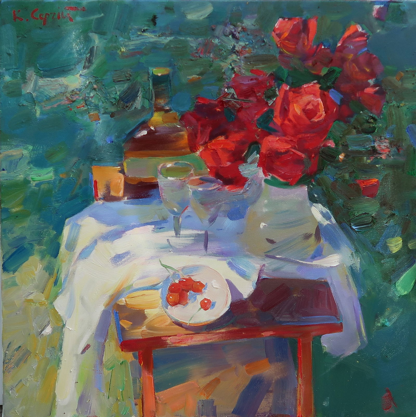 Oil painting in shade Serg Kovalenko: Title: Oil painting in shade Serg Kovalenko Description: 103SK Painter: Serg Kovalenko Size: 50x50 cm/19.7x19.7 inches Components: oil, canvas Original painting CONDITION: excellent ERA: modern Gradua