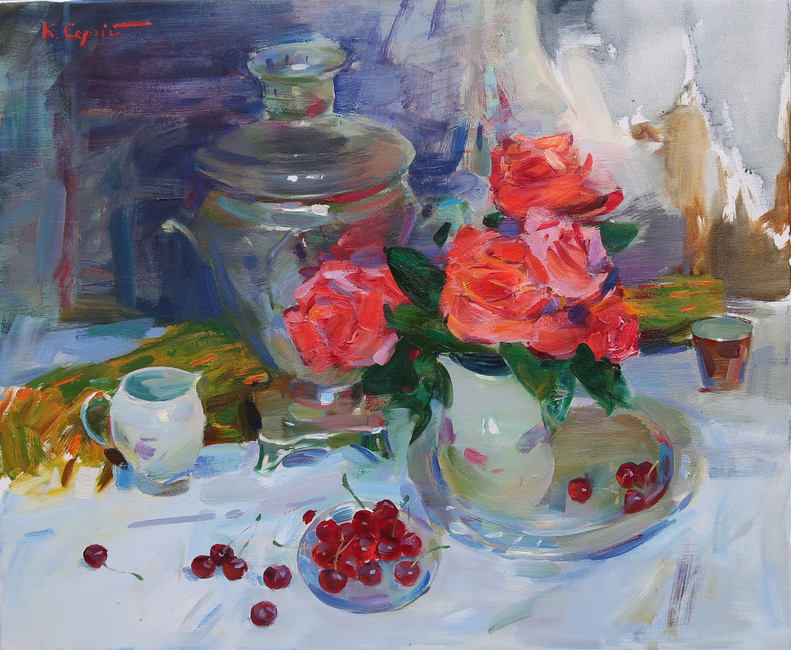 Oil painting still life with a samovar Serg Kovalenko: Title: Oil painting still life with a samovar Serg Kovalenko Description: 110SK Painter: Serg Kovalenko Size: 50x60 cm/19.7x23.6 inches Components: oil, canvas Original painting CONDITION: excellent E
