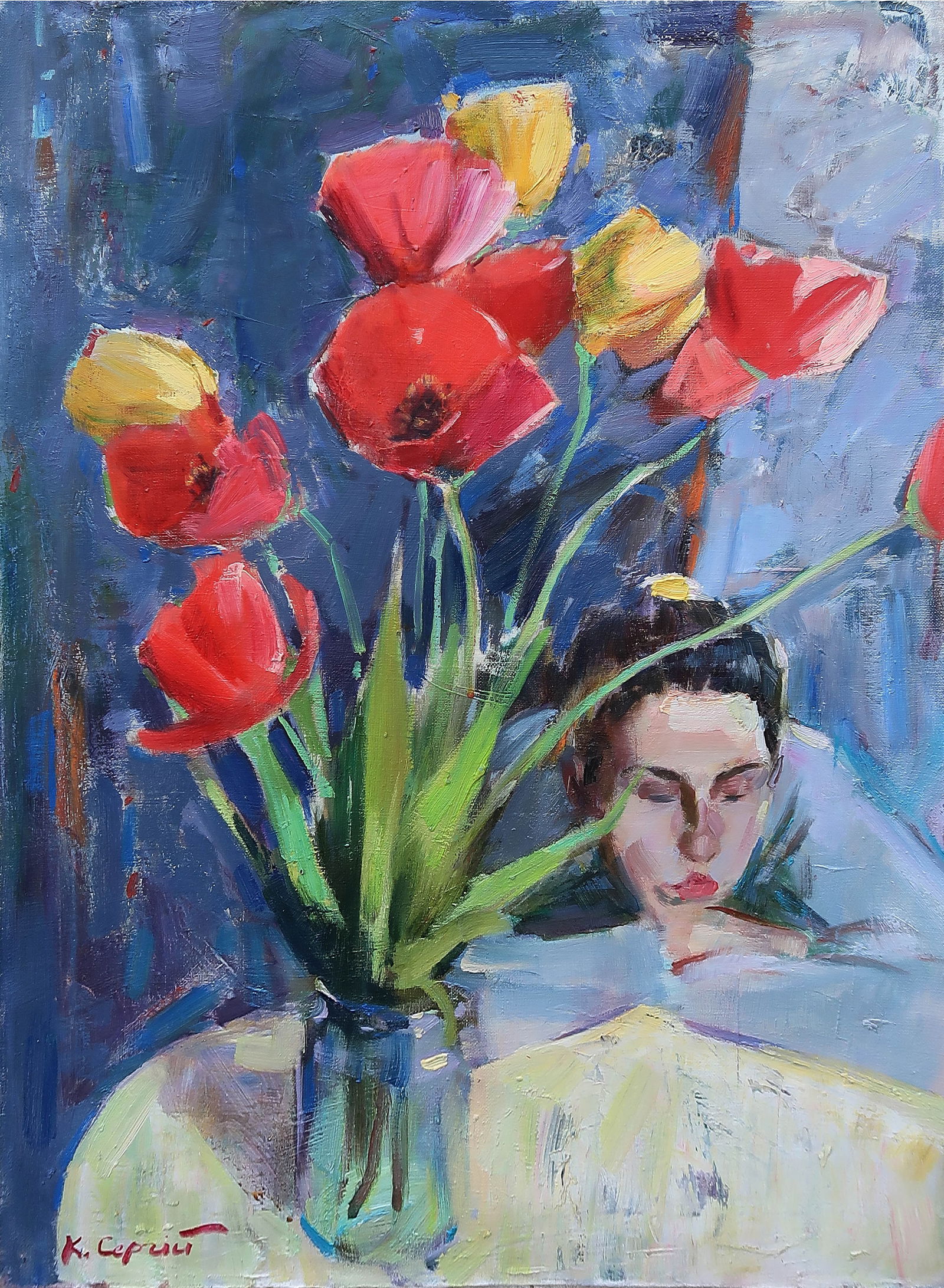 Oil painting Tulips Serg Kovalenko: Title: Oil painting Tulips Serg Kovalenko Description: 171SK Painter: Serg Kovalenko Size: 70x50 cm/27.5x19.7 inches Components: oil, canvas Original painting CONDITION: excellent ERA: modern Graduate