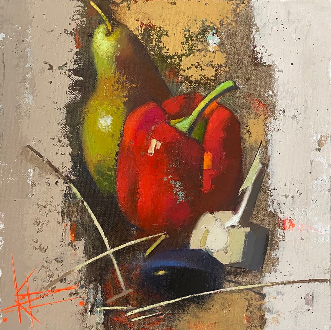 Abstract Oil painting With red pepper Oksana Kyrylenko: Title: Abstract Oil painting With red pepper Oksana Kyrylenko Description: 129KOR Painter: Oksana Kyrylenko Size: 25x25 cm/9,84x9,84 inches Components: oil,acrylic, canvas Original painting from our