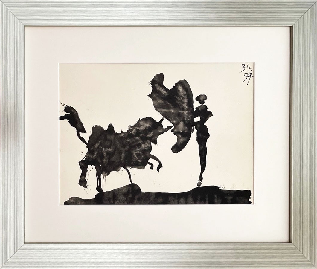 Pablo Picasso Toros y Toreros dated 3-4-59 framed: Title: Pablo Picasso Toros y Toreros dated 3-4-59 framed Artist: Pablo Picasso Description: Artist: Pablo Picasso Country: Spain Title: Toros y Toreros dated 3-4-59 Medium: Bichromie Marks: Not signed