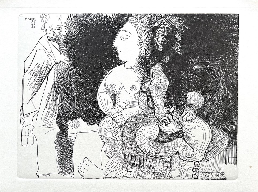 Picasso Gravure Apollinaire Les onze mille verges 1: Title: Picasso Gravure Apollinaire Les onze mille verges 1 Artist: Pablo Picasso Description: Les onze mille verges gravures by Pablo Picasso printed 1984 on Grand Velin de Papeteries de Lana Title: L