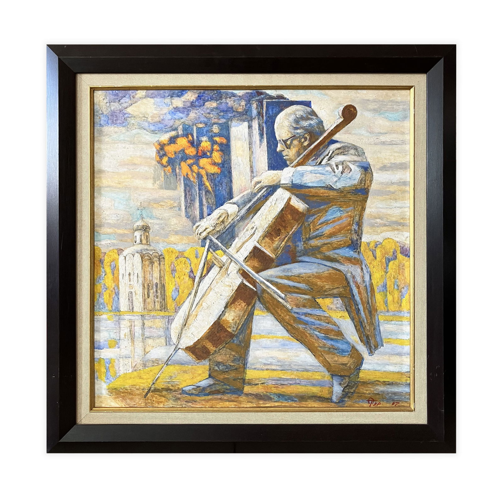 September 11, Rostropovich - oil painting: Title: September 11, Rostropovich - oil paintingDescription: Artist: Turansky Alexander Date/Period: 2007 Materials: Oil on cardboard Dimensions: 60 x 60 cm (23,6" x 23,6"), Frame size 76 x 76 cm