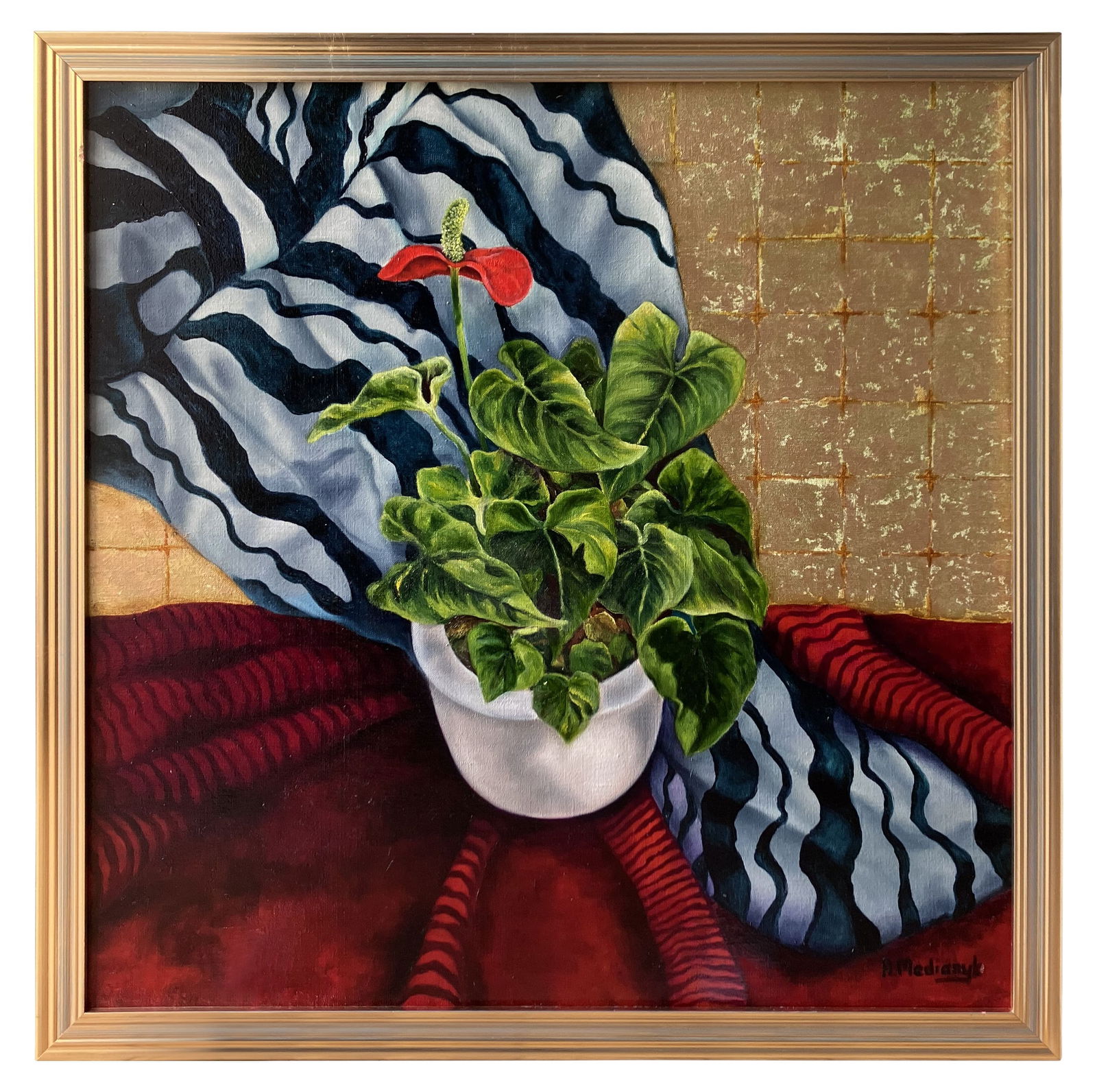 Anthurium - oil painting: Title: Anthurium - oil paintingDescription: Artist: Medyanik Anna Date/Period: 2023 Materials: Oil on canvas Dimensions: 70 x 90 cm (27,6" x 35,4") Furnishings: wooden frame. Certificate of