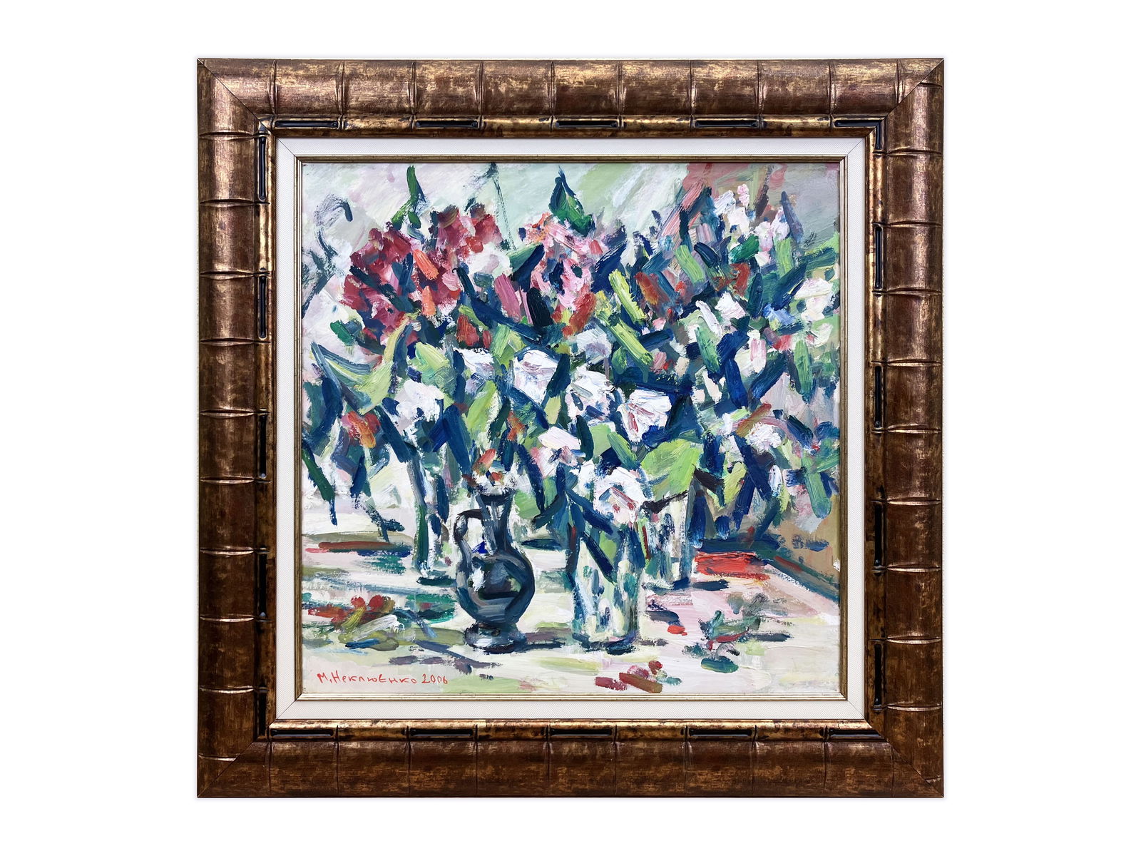 Still life with flowers - oil painting: Title: Still life with flowers - oil paintingDescription: Artist: Nikolay Neklyuenko Date/Period: 2006 Materials: Oil on canvas Dimensions: 50x50 cm Framed. Style - Modernism, Impressionism,