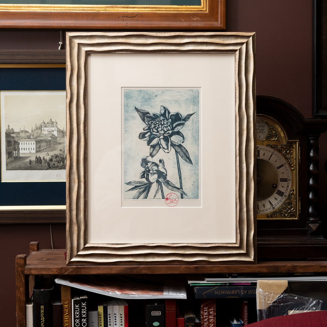 Garden peony - etching: Title: Garden peony - etchingDescription: Artist: Stratiychuk Oksana Date/Period: 2020 Materials: Etching on paper Dimensions: 24,5 x 17 cm (9,6'' x 6,7'') Framed. Certificate of authenticity (COA)