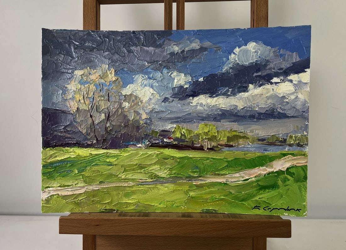 Oil painting The first rays of warm Boris Serdyuk: Title: Oil painting The first rays of warm Boris Serdyuk Description: NoAAA5447The Oil painting on Cardboard titled "The first rays of warm" unfolds as a vivid dialogue between sky and earth, light