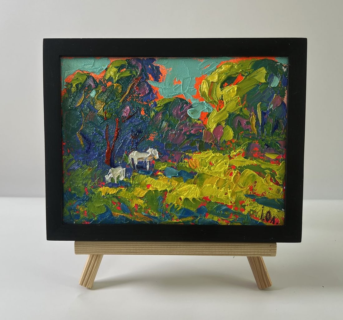 Oil painting White horses in the forest Oleksiy Ivanyuk: Title: Oil painting White horses in the forest Oleksiy Ivanyuk Description: NoAAA5600The Oil painting Canvas titled "White horses in the forest" is a vibrant and expressive portrayal of nature's embra