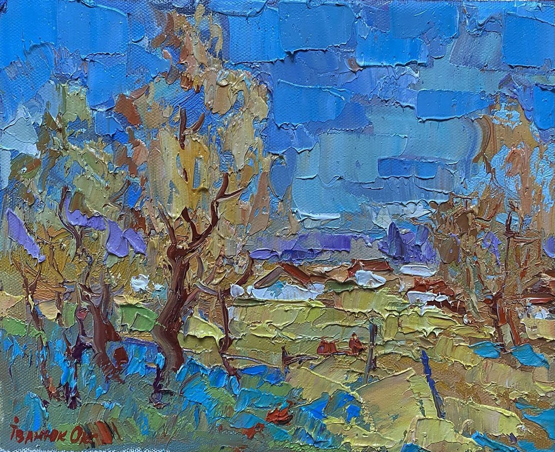 Oil painting Spring day in the village Oksana Ivanyuk: Title: Oil painting Spring day in the village Oksana Ivanyuk Description: NoKalen 1539The oil painting on Canvas titled "Spring Day in the Village" radiates a vivid celebration of rural renewal and th