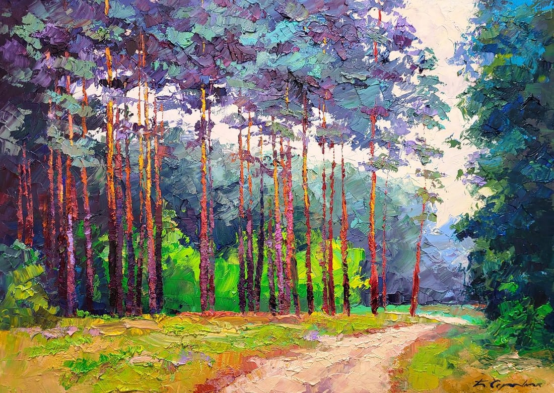 Oil painting Forest road Boris Serdyuk: Title: Oil painting Forest road Boris Serdyuk Description: NoSERB 1134The painting titled "Forest Road" captures a peaceful scene of a narrow path winding through a tall, sunlit pine forest. The compo