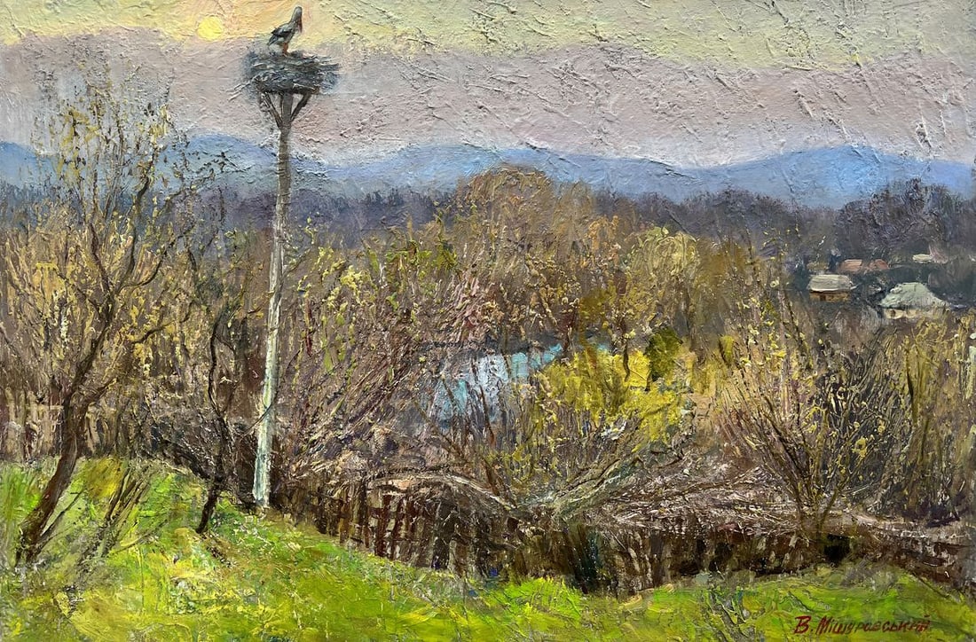 Oil painting April morning V. Mishurovsky: Title: Oil painting April morning V. Mishurovsky Description: No243In "April Morning," Viktor Myshurovsky beautifully captures the quiet, awakening energy of an early spring day. The painting