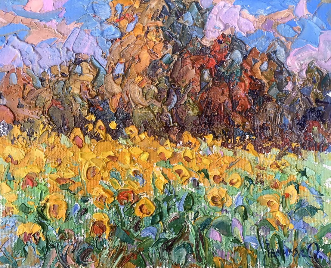 Oil painting Sunflower field Kalenyuk Alex: Title: Oil painting Sunflower field Kalenyuk Alex Description: NoAAA3064"Field of Sunflowers" is a breathtaking oil painting that captures the essence of a vibrant summer landscape. The canvas comes a