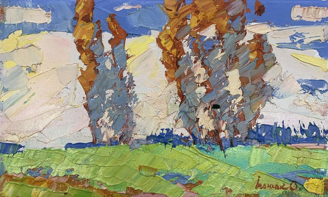 Oil painting Evening Kalenyuk Alex: Title: Oil painting Evening Kalenyuk Alex Description: NoAAA3131The oil painting "Evening" is a vivid and textural representation of a landscape at dusk. This work of art is characterized by its thick