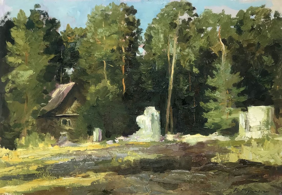 Oil painting House in the forest Boris Serdyuk: Title: Oil painting House in the forest Boris Serdyuk Description: NoAAA3202"House in the Forest" is a captivating oil painting that transports viewers to the heart of a serene summer landscape. The c