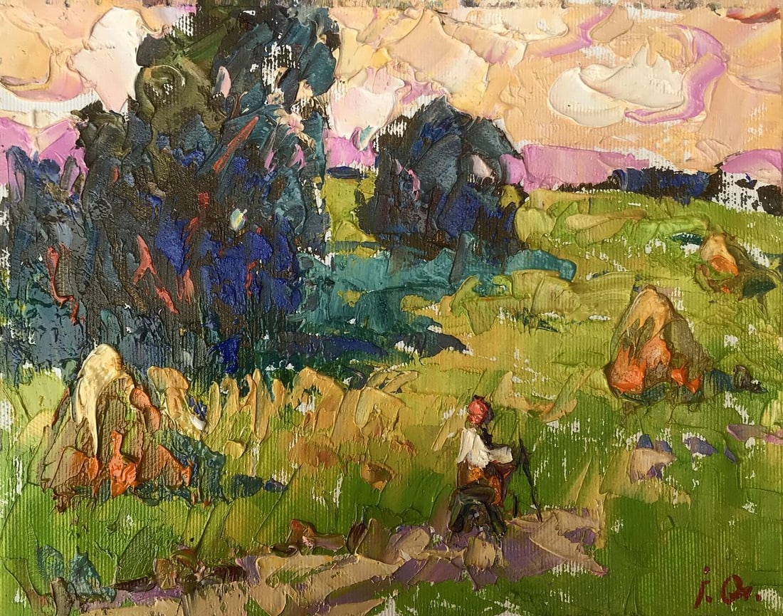 Oil painting At noon Alex Kalenyuk: Title: Oil painting At noon Alex Kalenyuk Description: NoAAA3209The oil painting "At Noon" captures a vibrant, sun-drenched landscape at the peak of the day. The artist has used a rich array of colors