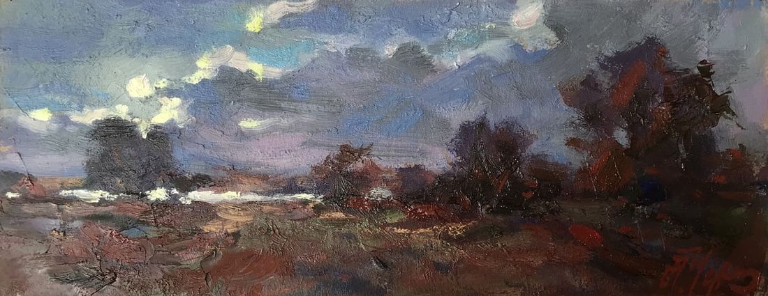 Oil painting It's getting dark Alexander Nikolaevich Cherednichenko: Title: Oil painting It's getting dark Alexander Nikolaevich Cherednichenko Description: NoAAA2713This oil painting depicts a serene field, painted in warm shades of brown. The canvas is dominated by