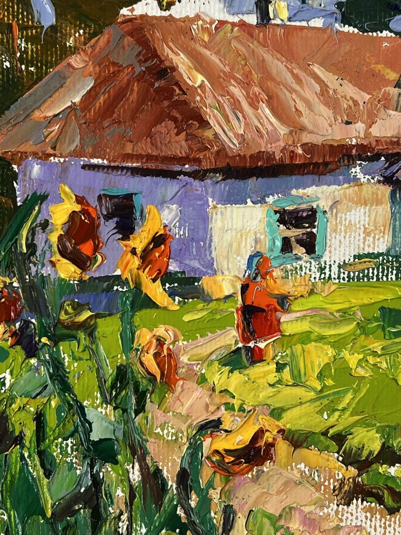 Oil painting Sunflowers in the yard of the house Oleksiy Ivanyuk - 7