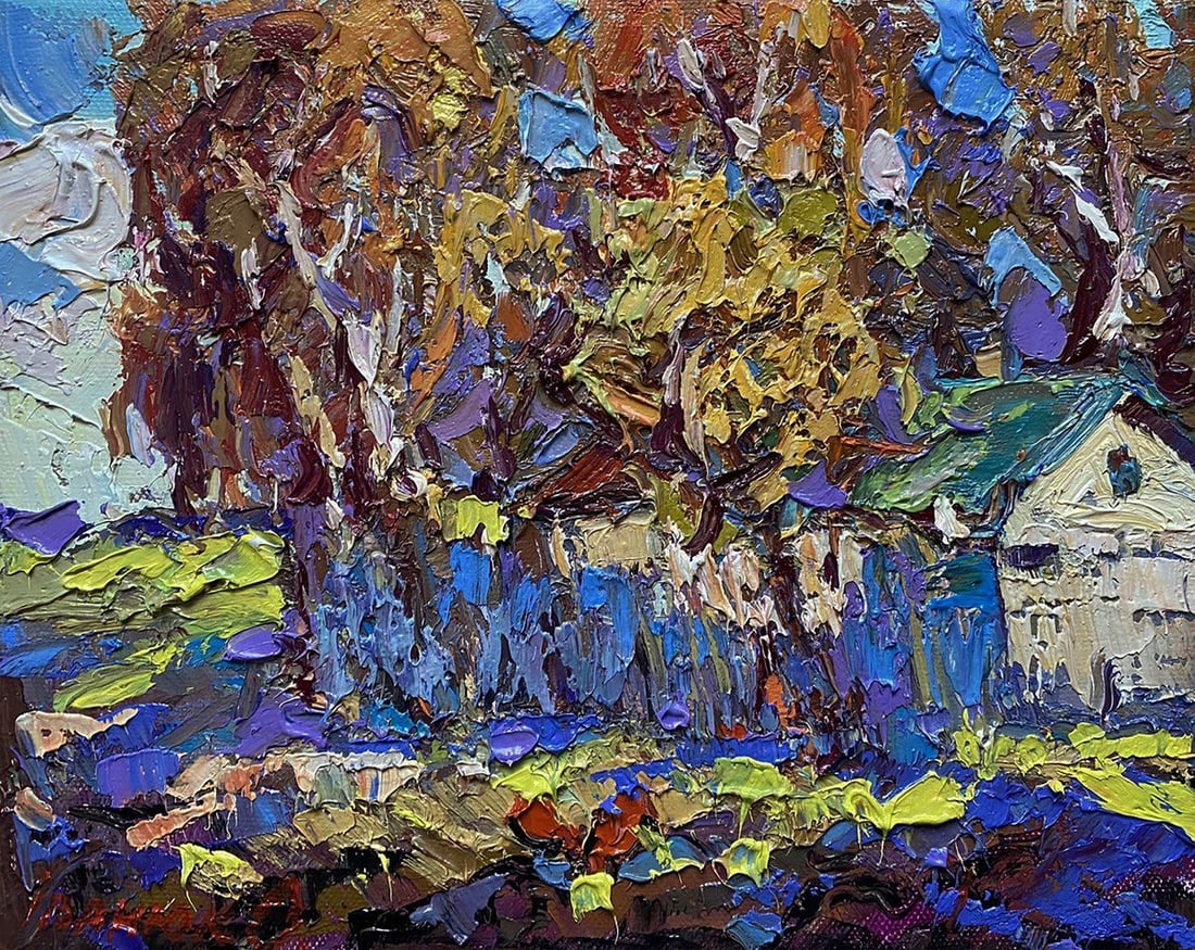 Oil painting Autumn time in the village Oleksiy Ivanyuk: Title: Oil painting Autumn time in the village Oleksiy Ivanyuk Description: NoKalen 1551The oil painting on Canvas titled "Autumn Time in the Village" captures the rich, sensory experience of a countr