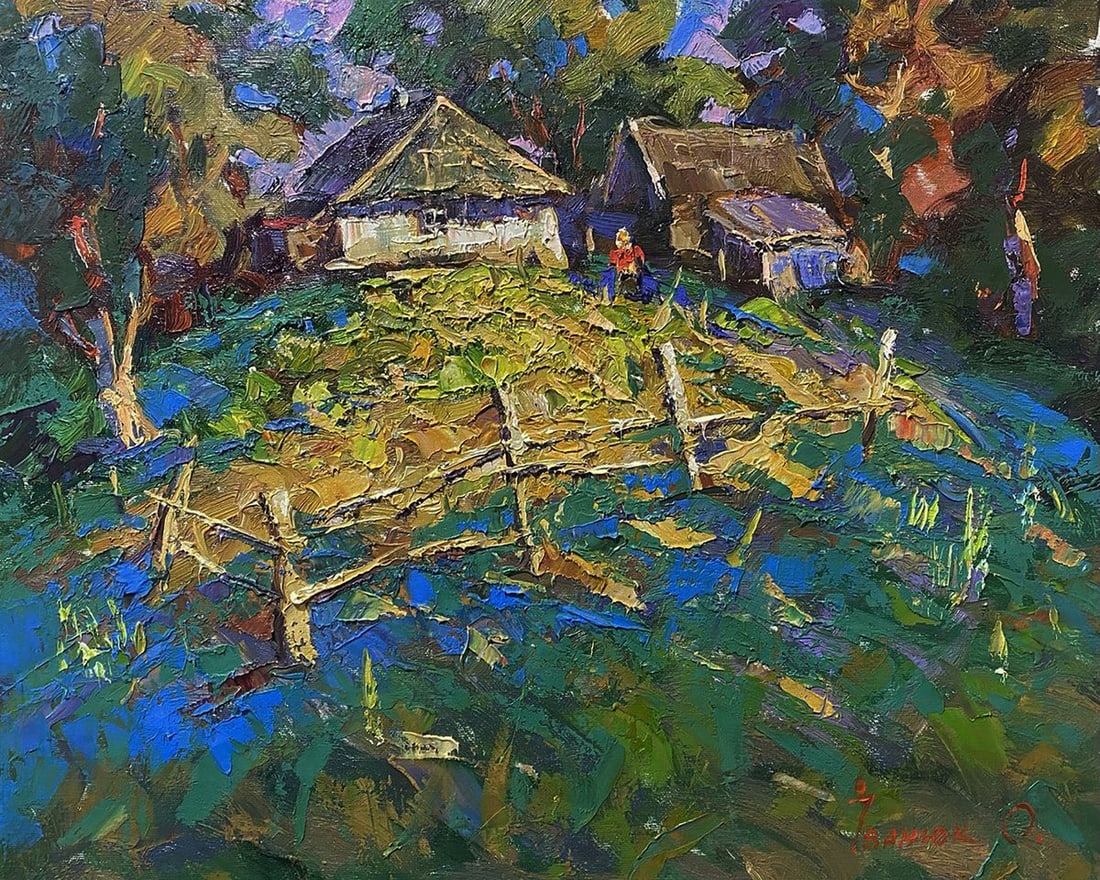 Oil painting Autumn gardens Oleksiy Ivanyuk: Title: Oil painting Autumn gardens Oleksiy Ivanyuk Description: NoKalen 1566The oil painting on Canvas titled "Autumn Gardens" immerses the viewer in the serene intimacy of rural life, capturing a gol