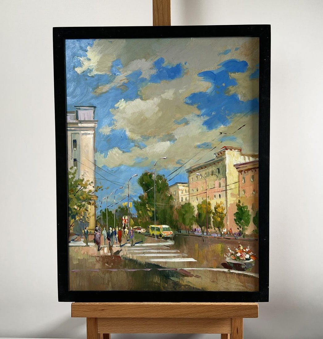 Oil painting Summer rhythm of the city Yuriy Suprunchuk: Title: Oil painting Summer rhythm of the city Yuriy Suprunchuk Description: NoAAA4222The oil painting "Summer Rhythm of the City" masterfully captures the energy and vibrancy of an urban summer day. T