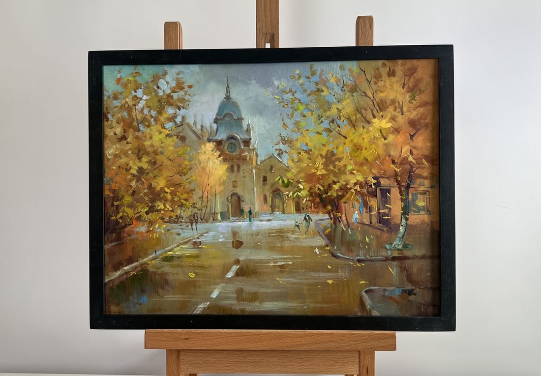 Oil painting Autumn in the heart of the city Yuriy Suprunchuk: Title: Oil painting Autumn in the heart of the city Yuriy Suprunchuk Description: NoAAA4242The Oil painting on Cardboard titled "Autumn in the Heart of the City" is a rich, atmospheric portrayal of a