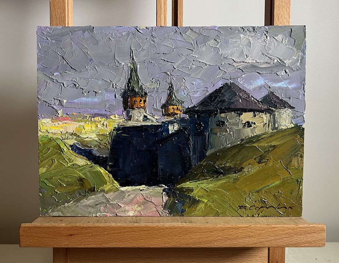 Oil painting Overlooking the fortress Boris Serdyuk: Title: Oil painting Overlooking the fortress Boris Serdyuk Description: NoAAA3778This oil painting cardboard, titled "Overlooking the fortress", the composition leads the viewer's gaze along a winding