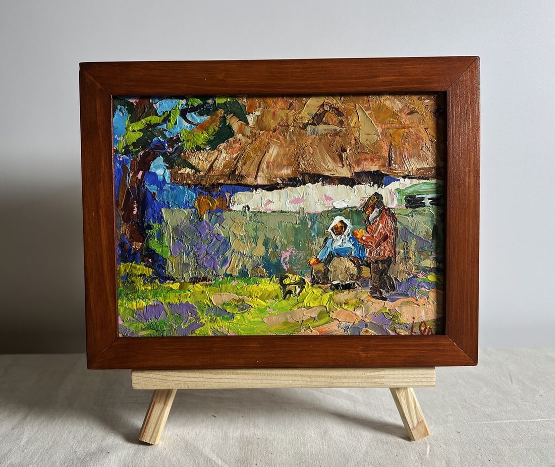 Oil painting Quiet village conversation Alex Kalenyuk: Title: Oil painting Quiet village conversation Alex Kalenyuk Description: NoAAA3895This oil painting cardboard, titled "Quiet village conversation", the painting invites the viewer into an intimate sc