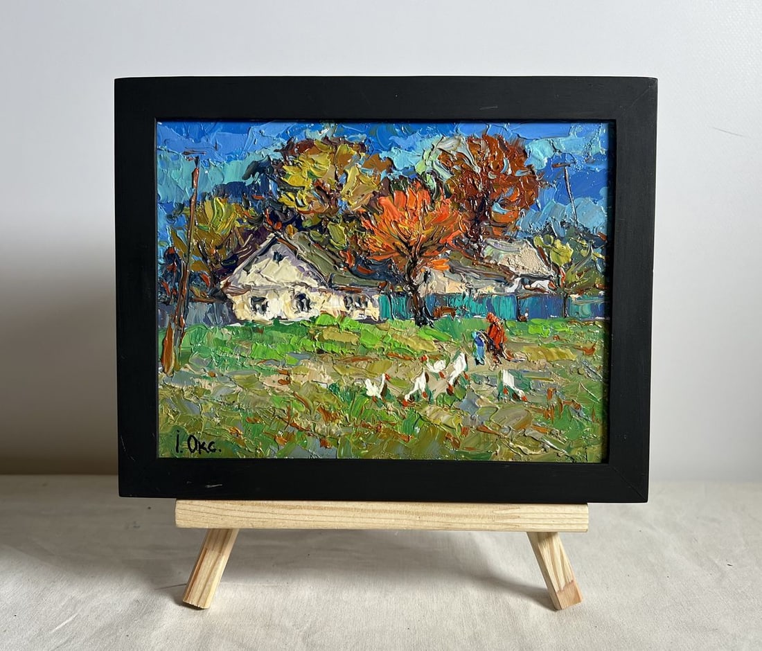 Oil painting Village street Oksana Kalenyuk: Title: Oil painting Village street Oksana Kalenyuk Description: NoAAA3918The painting "Village Street" captures the charm and simplicity of rural life, depicting a cozy village scene filled with