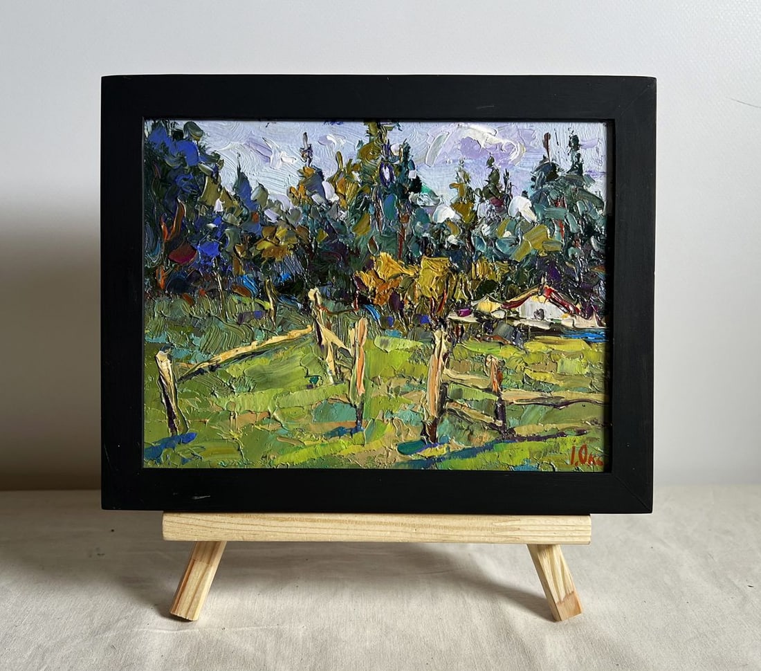 Oil painting House near the forest Oksana Kalenyuk: Title: Oil painting House near the forest Oksana Kalenyuk Description: NoAAA3923This oil painting cardboard, titled "House near the forest", the artist employs an impasto technique, layering thick str