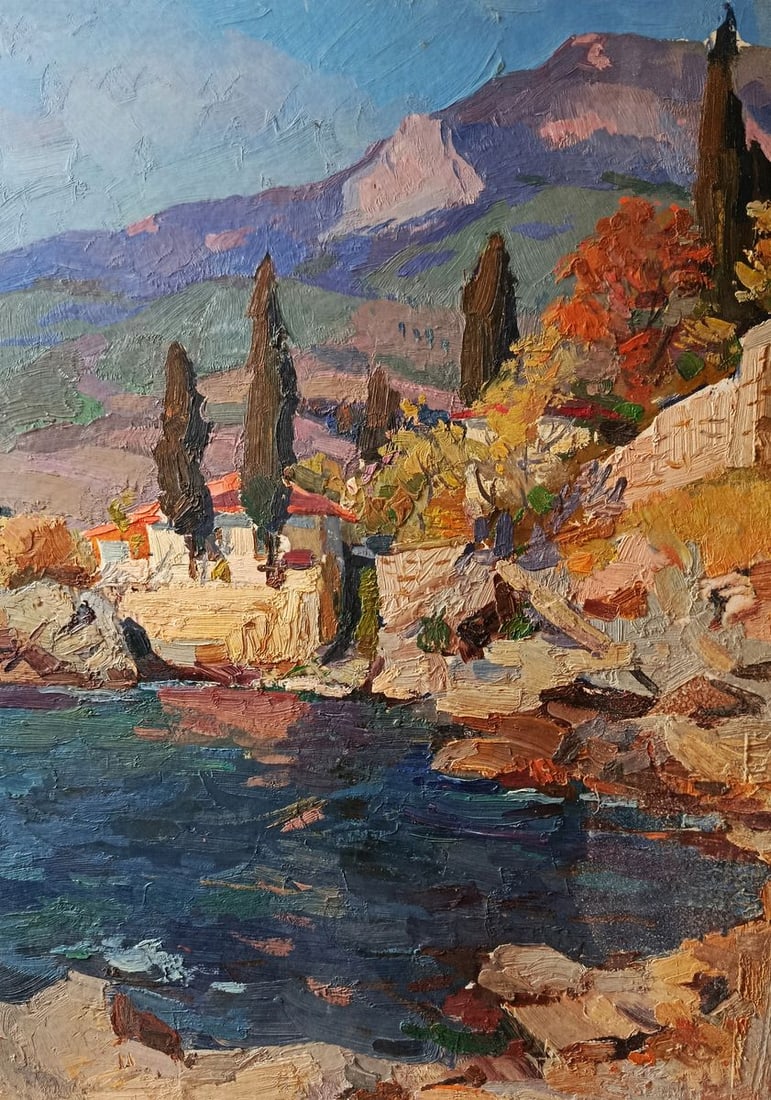 Oil painting On the mountain bank of the river Petro Kolomoytsev: Title: Oil painting On the mountain bank of the river Petro Kolomoytsev Description: NoVerne 424*** ABOUT THIS PAINTING *** * TITLE: "On the mountain bank of the river" * ARTISTS: Petro Kolomoytsev *