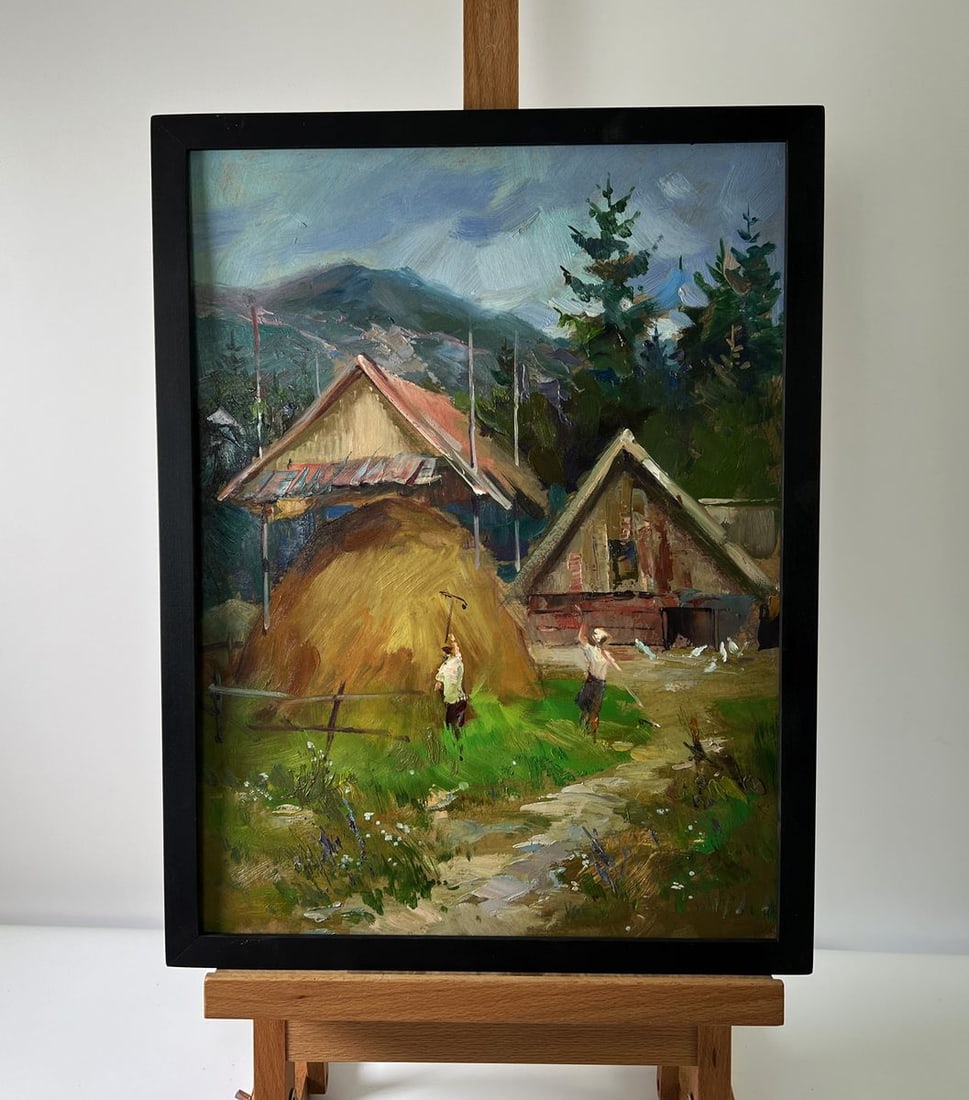 Oil painting House on the mountains Yuriy Suprunchuk: Title: Oil painting House on the mountains Yuriy Suprunchuk Description: NoAAA5673The Oil painting Cardboard titled "House on the mountains" is a heartfelt and evocative portrayal of rural life, frame