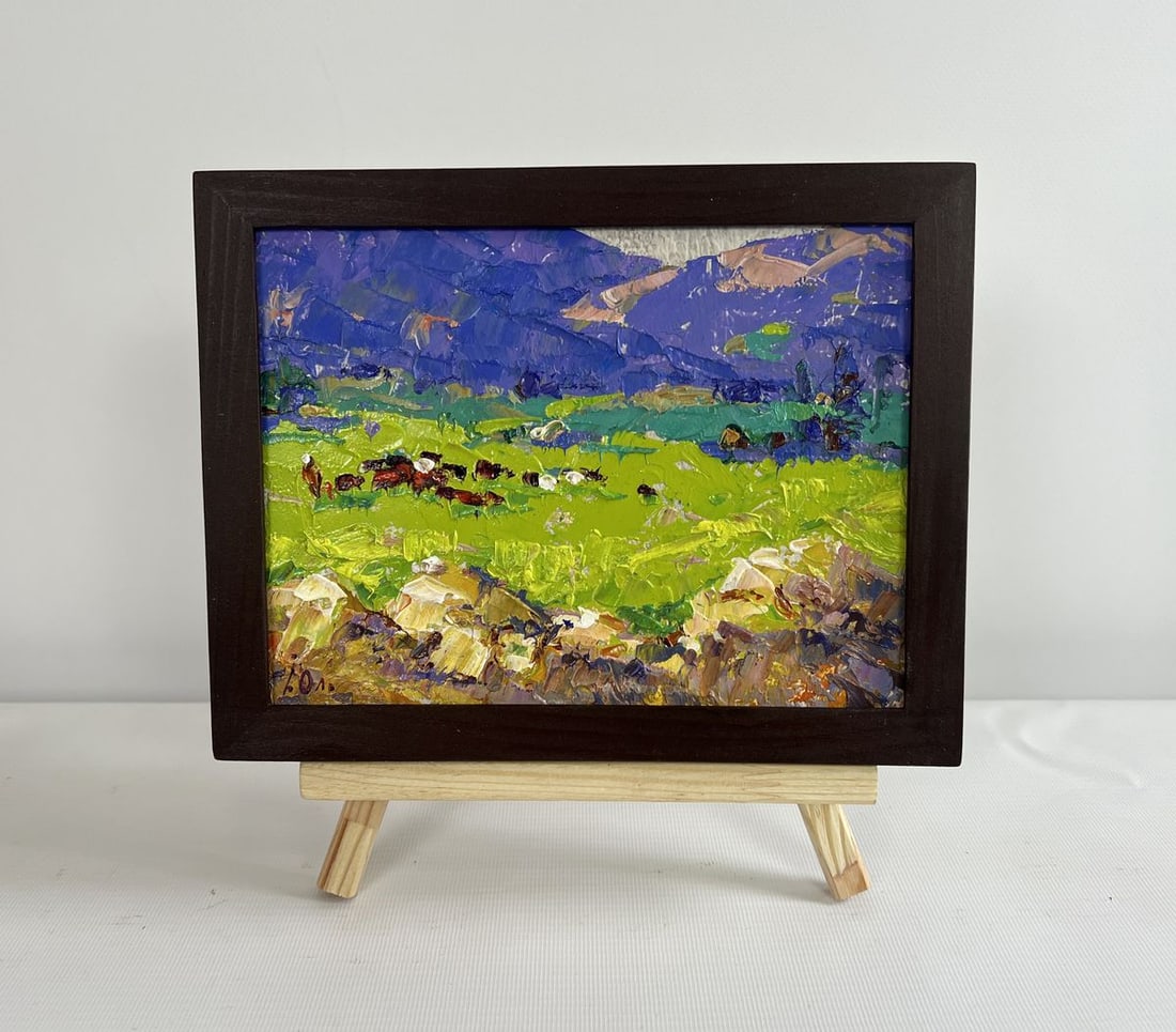 Oil painting In the spring meadows Alex Kalenyuk: Title: Oil painting In the spring meadows Alex Kalenyuk Description: NoAAA4521This oil painting cardboard is titled "In the spring meadows" is a vivid and expressive depiction of a pastoral landscape,