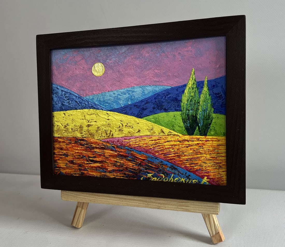 Oil painting A pink sunset is visible beyond the plains V. Zadorozhnya - 2