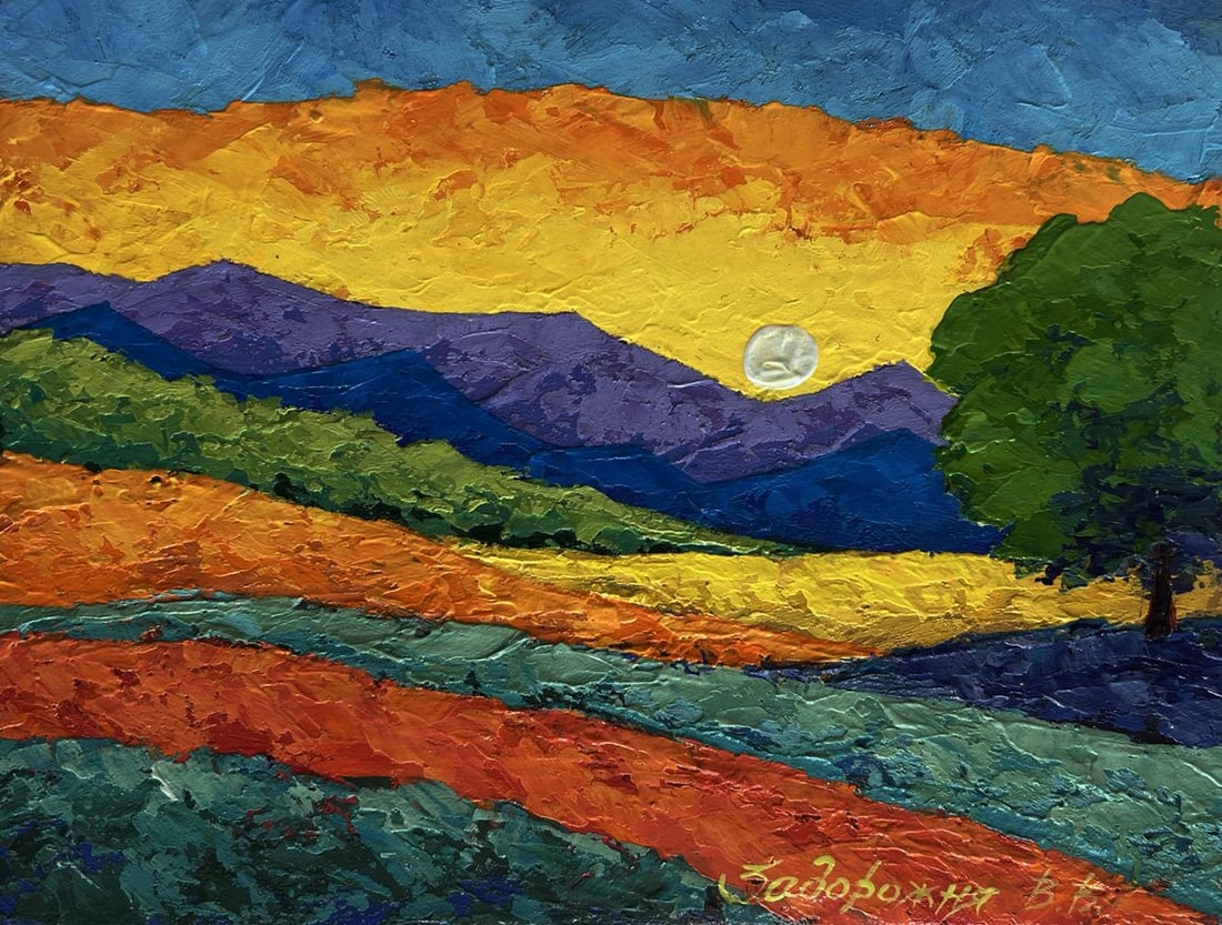 Oil painting Blue mountains with yellow sunset V. Zadorozhnya - 3