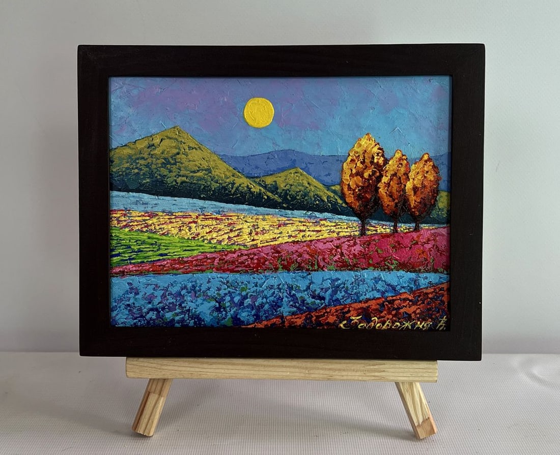 Oil painting Three autumn guards among the fields V. Zadorozhnya: Title: Oil painting Three autumn guards among the fields V. Zadorozhnya Description: NoAAA4653The oil painting on cardboard titled "Three Autumn Guards Among the Fields" presents a breathtaking