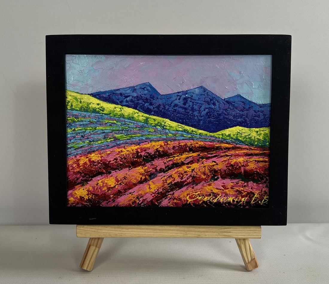 Oil painting Evening is approaching in the mountains V. Zadorozhnya: Title: Oil painting Evening is approaching in the mountains V. Zadorozhnya Description: NoAAA4666The oil painting on cardboard titled "Evening Is Approaching in the Mountains" is a vibrant and