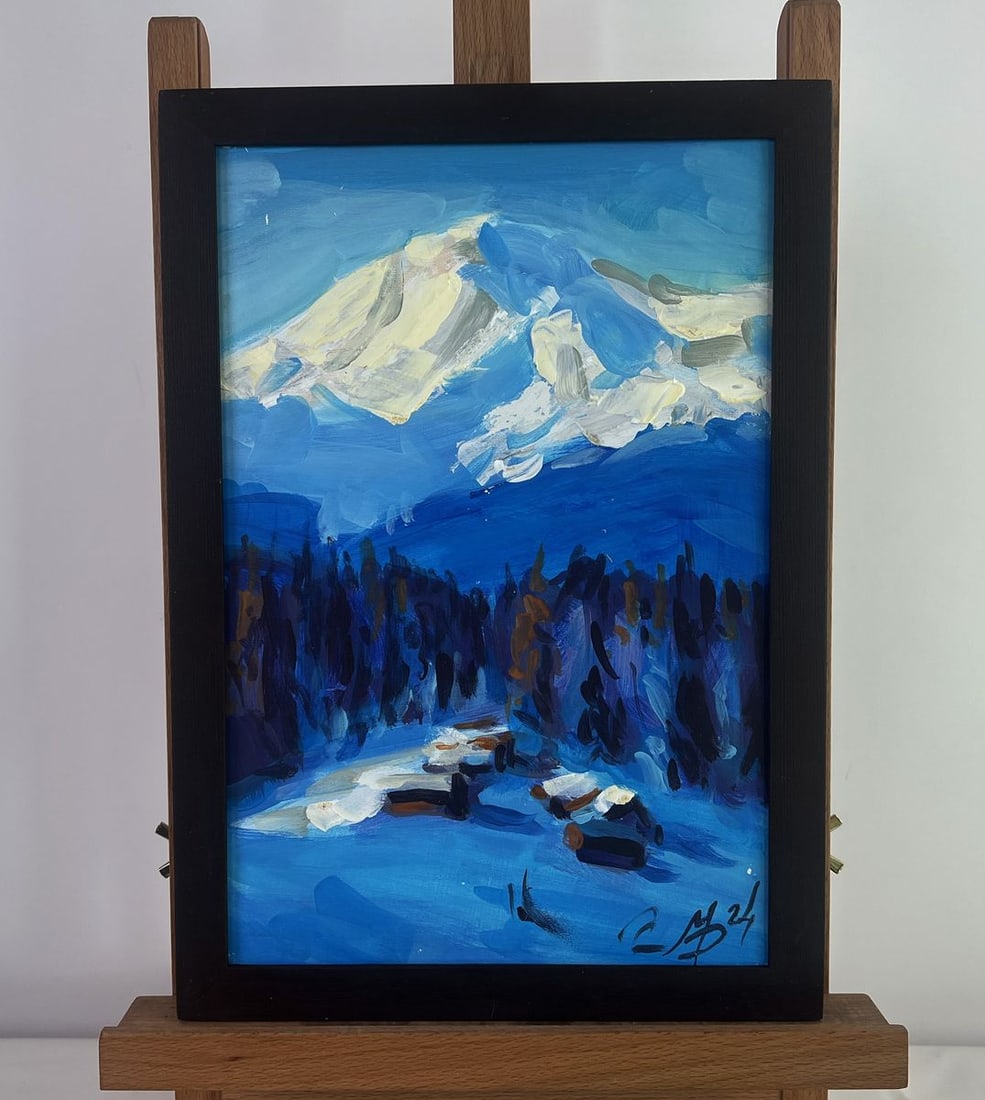 Acrylic painting Snowy village and mountain Mykhailo Patskan: Title: Acrylic painting Snowy village and mountain Mykhailo Patskan Description: NoAAA4805The acrylic painting on cardboard titled "Snowy Village and Mountain" captures a breathtaking winter landscape