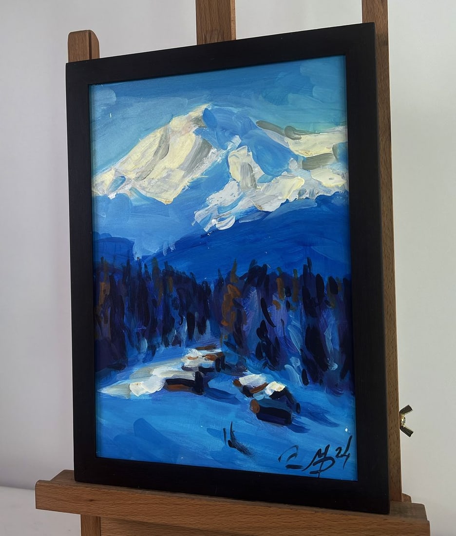Acrylic painting Snowy village and mountain Mykhailo Patskan - 2