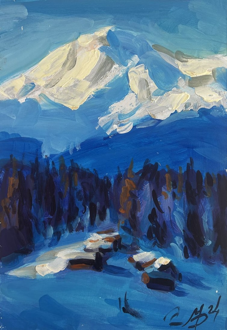 Acrylic painting Snowy village and mountain Mykhailo Patskan - 3