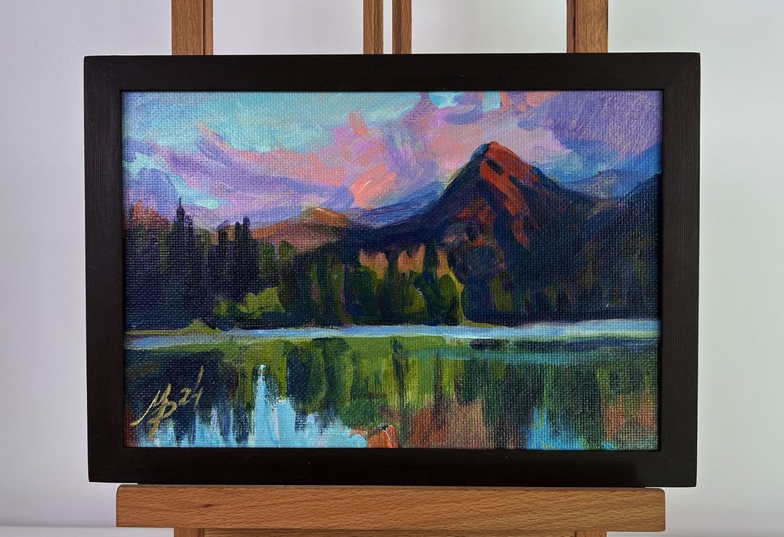 Acrylic painting Lake in the mountains Mykhailo Patskan: Title: Acrylic painting Lake in the mountains Mykhailo Patskan Description: NoAAA4819The acrylic painting on cardboard titled "Lake in the Mountains" presents a breathtaking view of a serene mountain