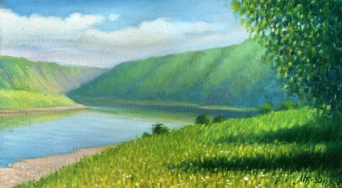 Oil painting Mountain Valley Mykhailo Burdylo: Title: Oil painting Mountain Valley Mykhailo Burdylo Description: NoAAA3412The oil painting titled "Mountain Valley" portrays a serene and picturesque natural landscape, inviting the viewer to