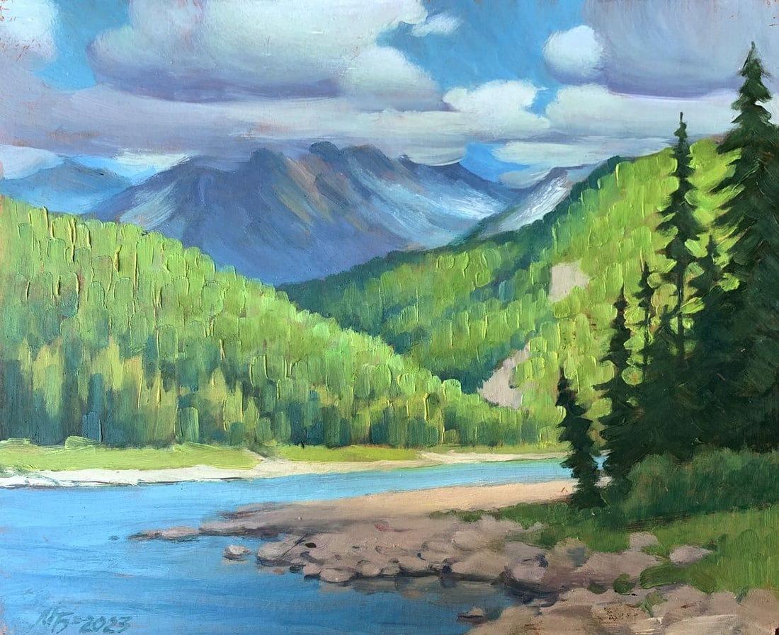 Oil painting Clouds over the mountain Mykhailo Burdylo: Title: Oil painting Clouds over the mountain Mykhailo Burdylo Description: NoAAA3426The oil painting titled "Clouds Over the Mountain" presents a breathtaking view of a mountainous landscape, capturin