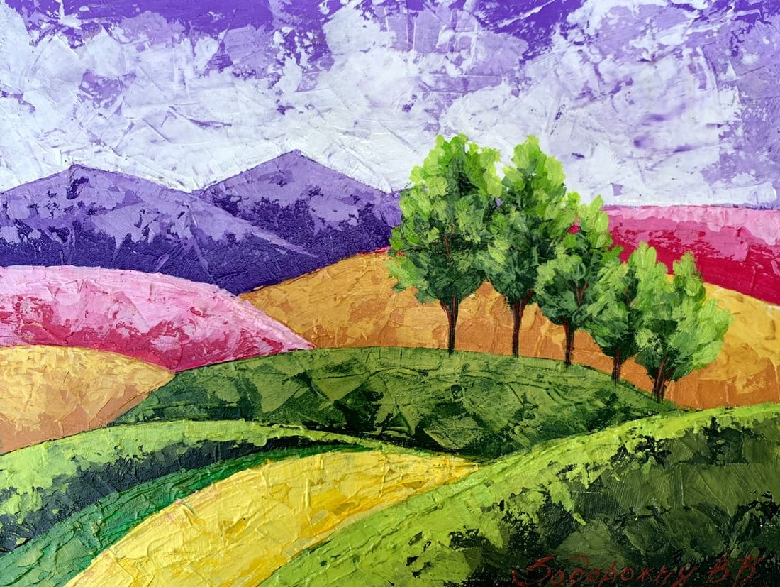Oil painting Walking through the mountain fields V. Zadorozhnya: Title: Oil painting Walking through the mountain fields V. Zadorozhnya Description: NoAAA3470The painting titled "Walking through the Mountain Fields" is a vibrant oil-on-cardboard artwork that captur