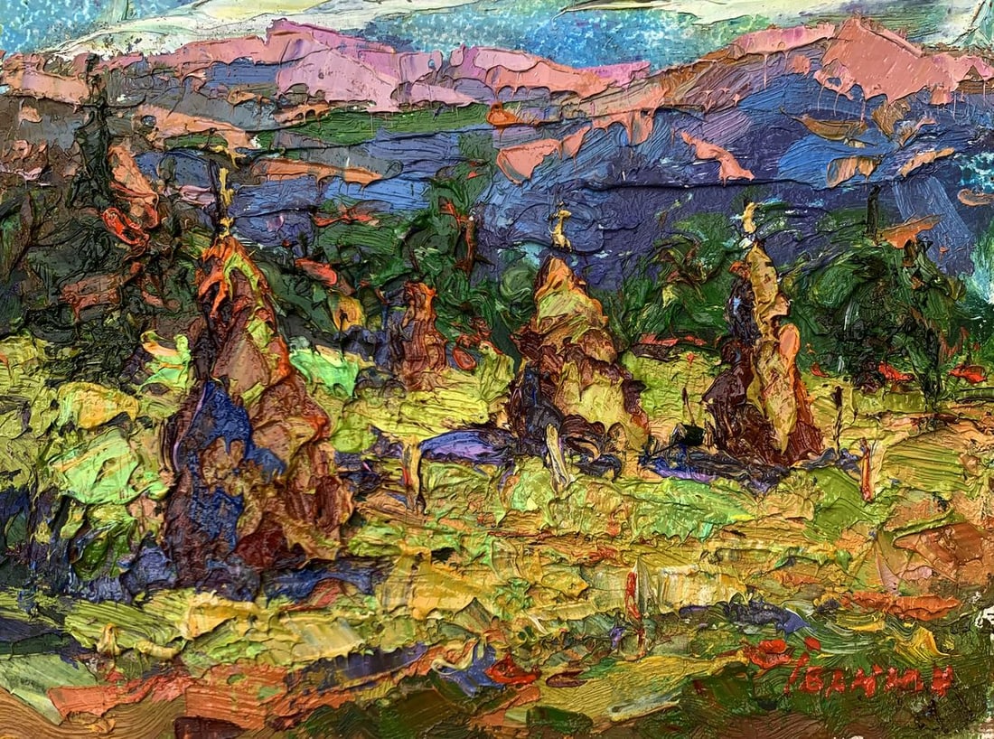 Oil painting Mountain fields Kalenyuk Alex: Title: Oil painting Mountain fields Kalenyuk Alex Description: NoAAA3507The painting titled "Mountain Fields" is a vivid and dynamic representation of a rustic scene, capturing the beauty of life in a