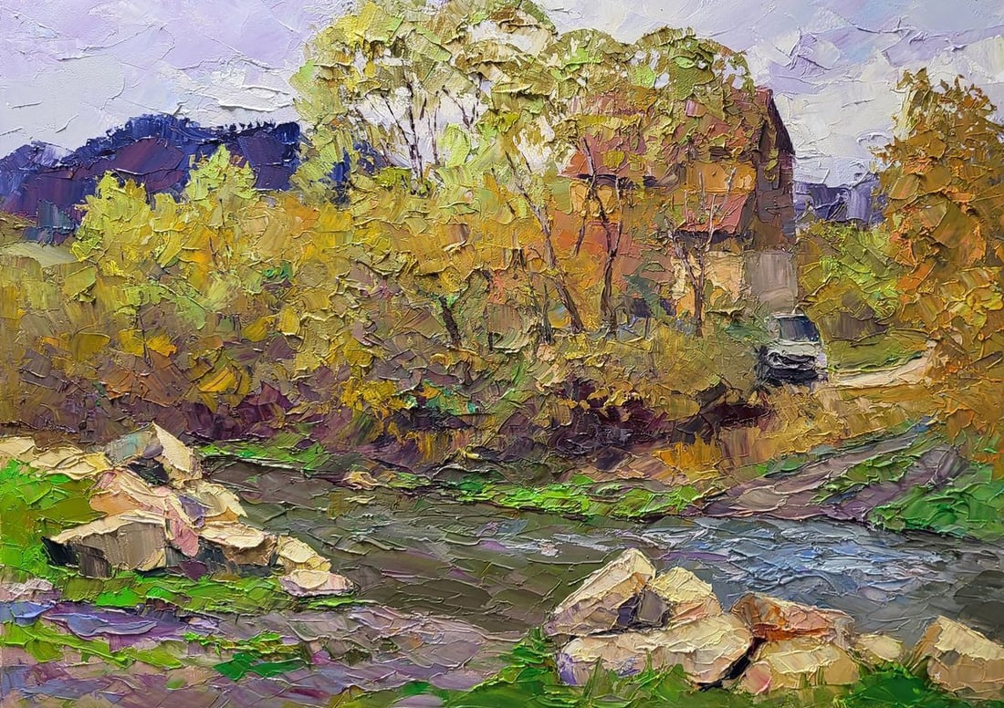 Oil painting Mountain stream Serdyuk Boris Petrovich: Title: Oil painting Mountain stream Serdyuk Boris Petrovich Description: NoSERB 1003The oil painting entitled "Mountain Stream" is a vivid and textural portrayal of a babbling brook coursing through a
