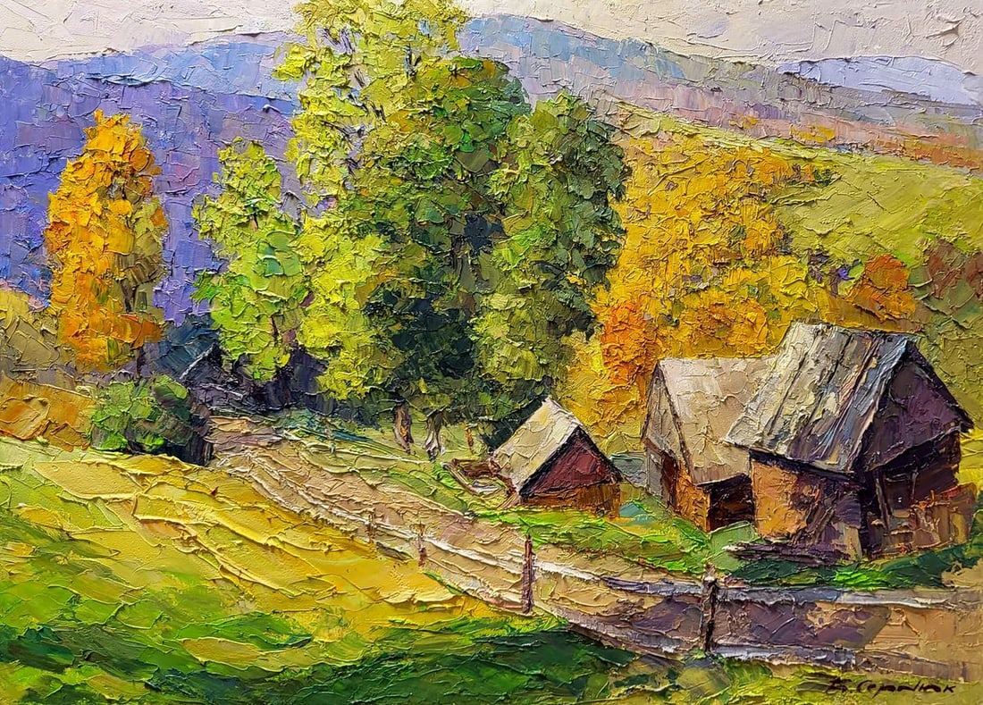 Oil painting Autumn in the mountains Serdyuk Boris Petrovich: Title: Oil painting Autumn in the mountains Serdyuk Boris Petrovich Description: NoSERB 1013This oil painting, entitled "Autumn in the Mountains," is a textured and expressive depiction of a mountaino